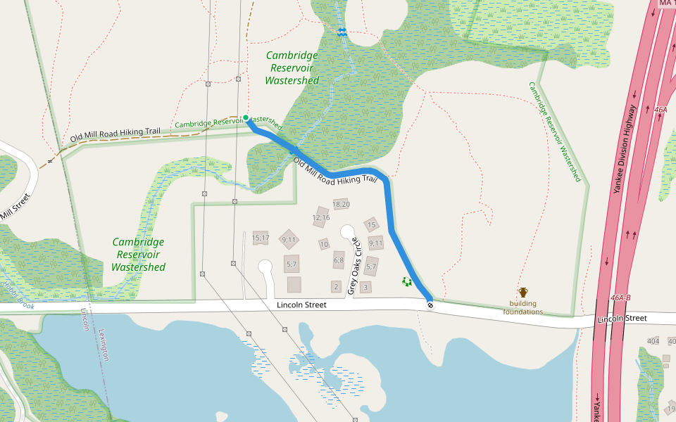 Old Mill Road Hiking Trail walking route map in Lexington