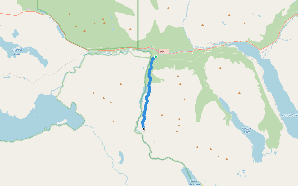 Russian Lakes Trail walking route map in Cooper Landing