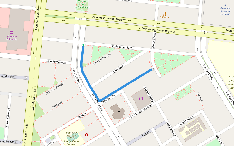 Calle Iquitos walking route map in Chiclayo
