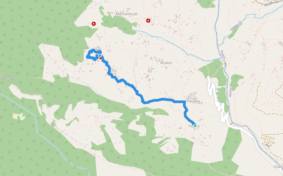 Kayaryi to Ujyal walking route map in Mehal Mudi