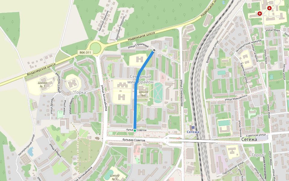 проезд Монтажников walking route map in Segezha