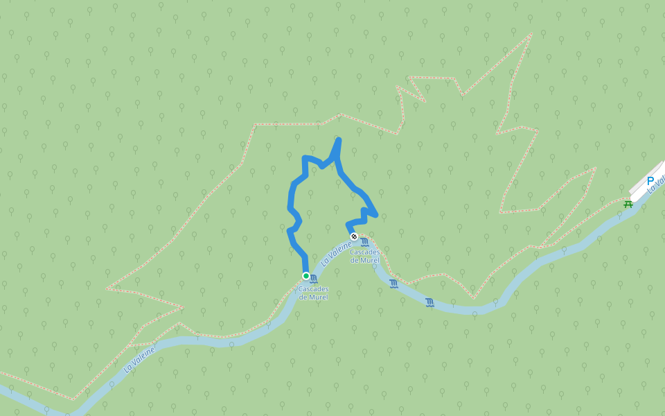 Alternative path between top and bottom of Cascades de Murel walking route map in Albussac
