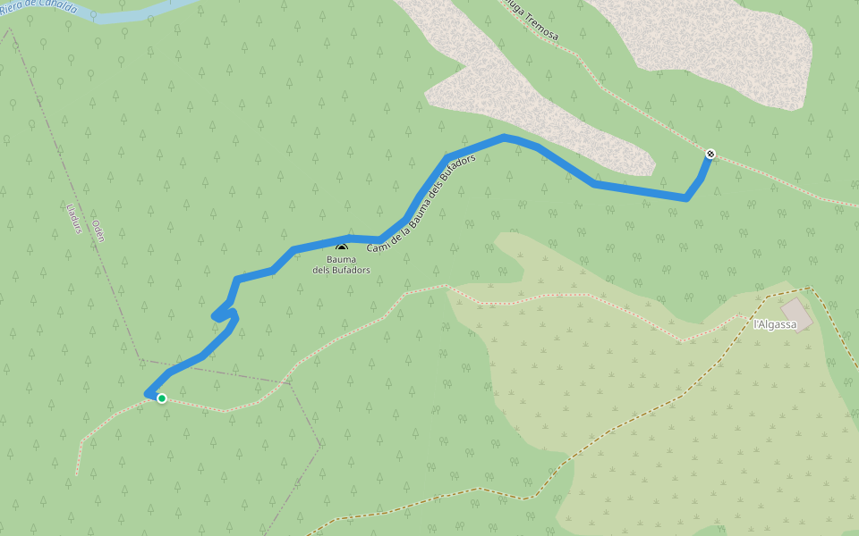 Cami de la Bauma dels Bufadors walking route map in Lladurs