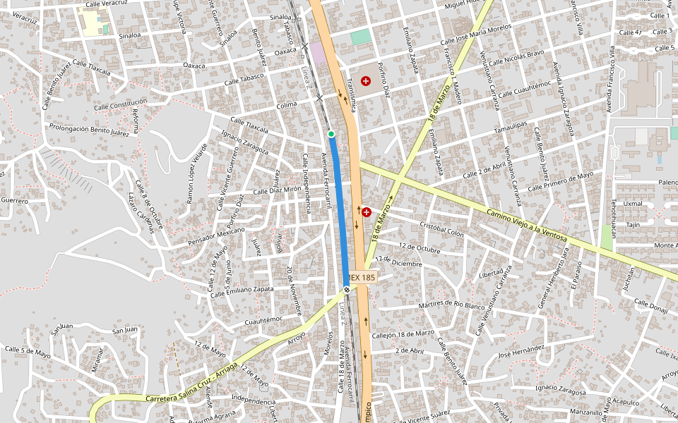 Calle Ferrocarril del Istmo de Tehuantepec walking route map in Salina Cruz