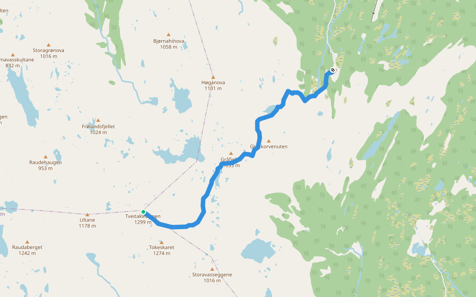 Mødal-Tveitakvitingen walking route map in Eikedalen