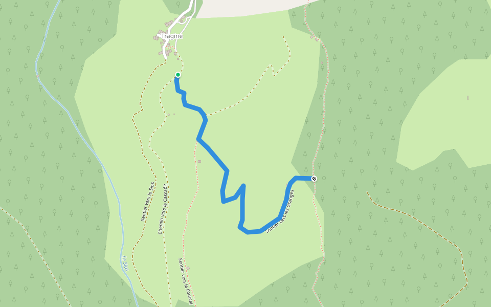Sentier vers les Granges walking route map in Freychenet