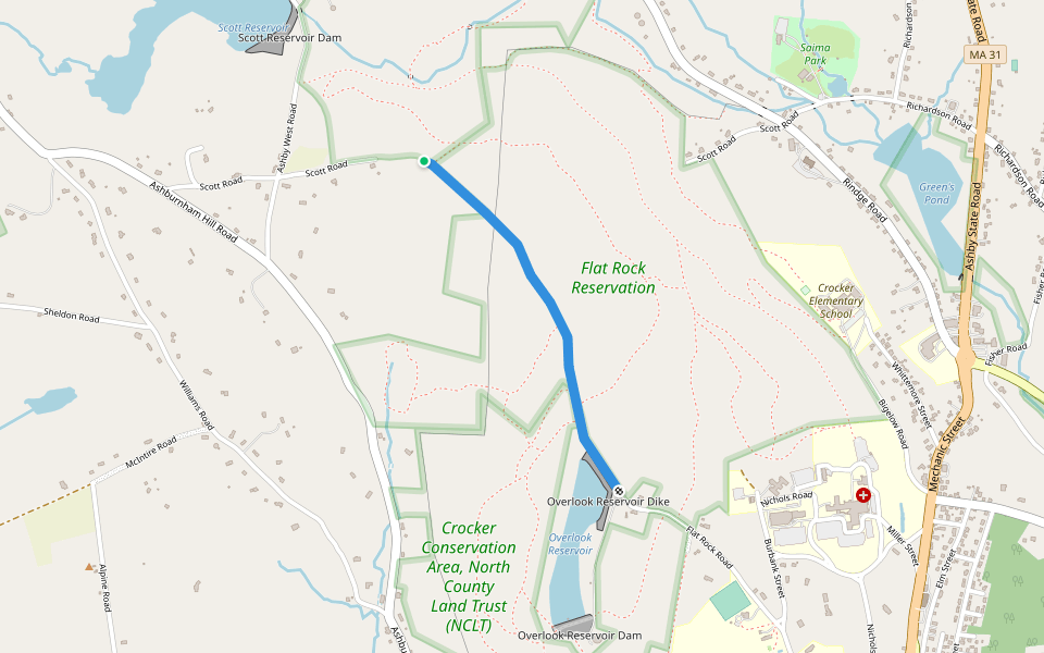Flat Rock Road (red) walking route map in Fitchburg
