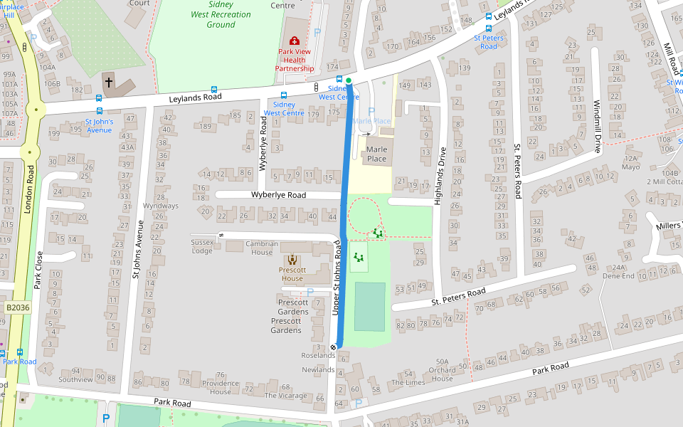 Leylands Road to Upper St Johns Road walking route map in Burgess Hill