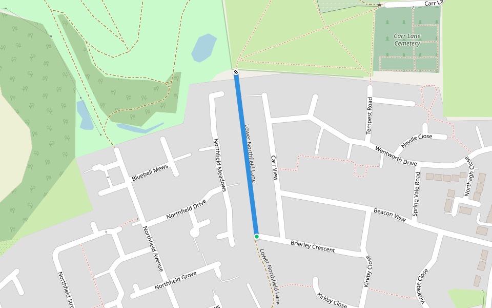 Lower Northfield Lane walking route map in South Kirkby