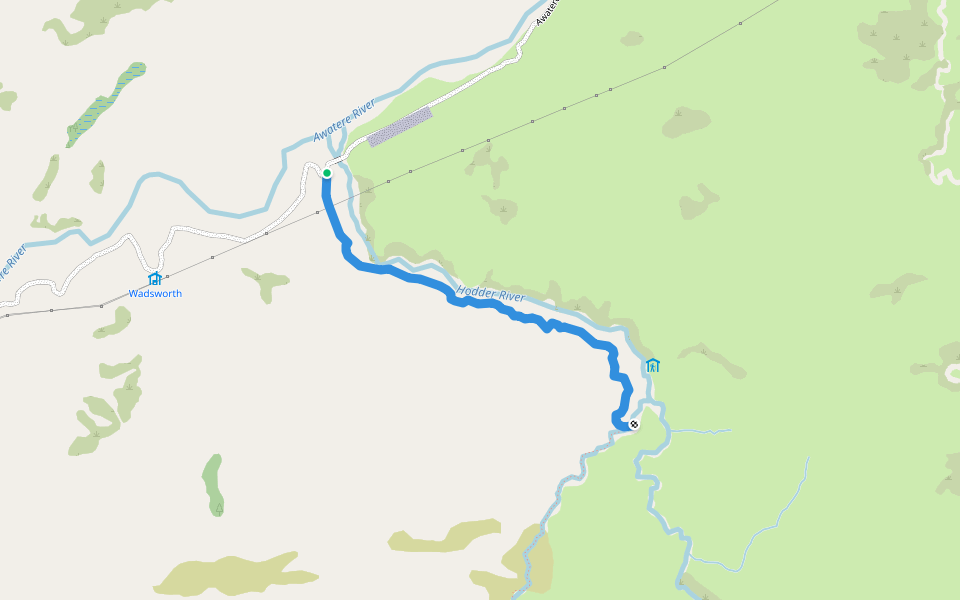 Hodder Huts Trail (on private property) walking route map in Awatere Valley