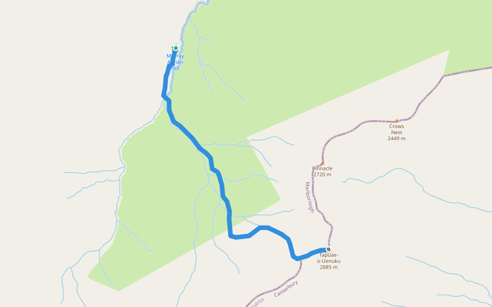 Hodder Huts to Tapuae-o-Uenuku walking route map in Awatere Valley