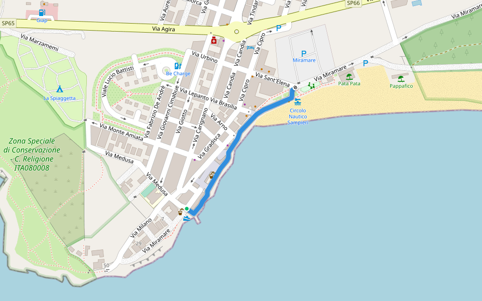 Via Miramare walking route map in Sampieri