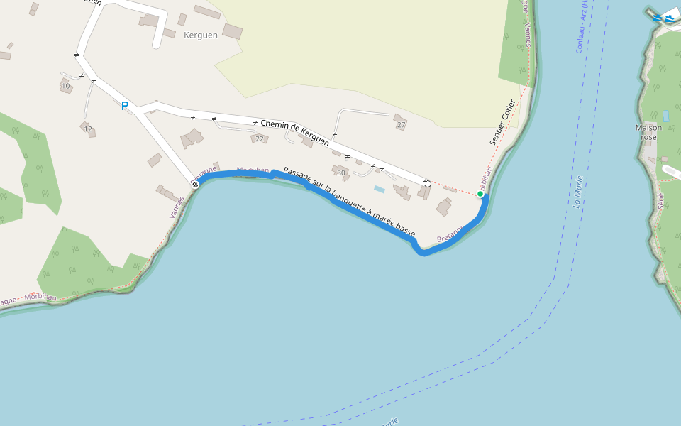 Passage sur la banquette à marée basse walking route map in Arradon