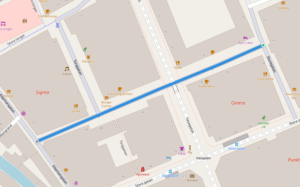 Hantverkargatan walking route map in Västerås