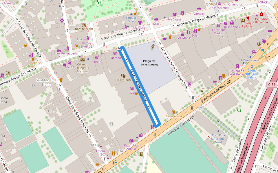 Carrer d'Andrés Segovia walking route map in Badalona