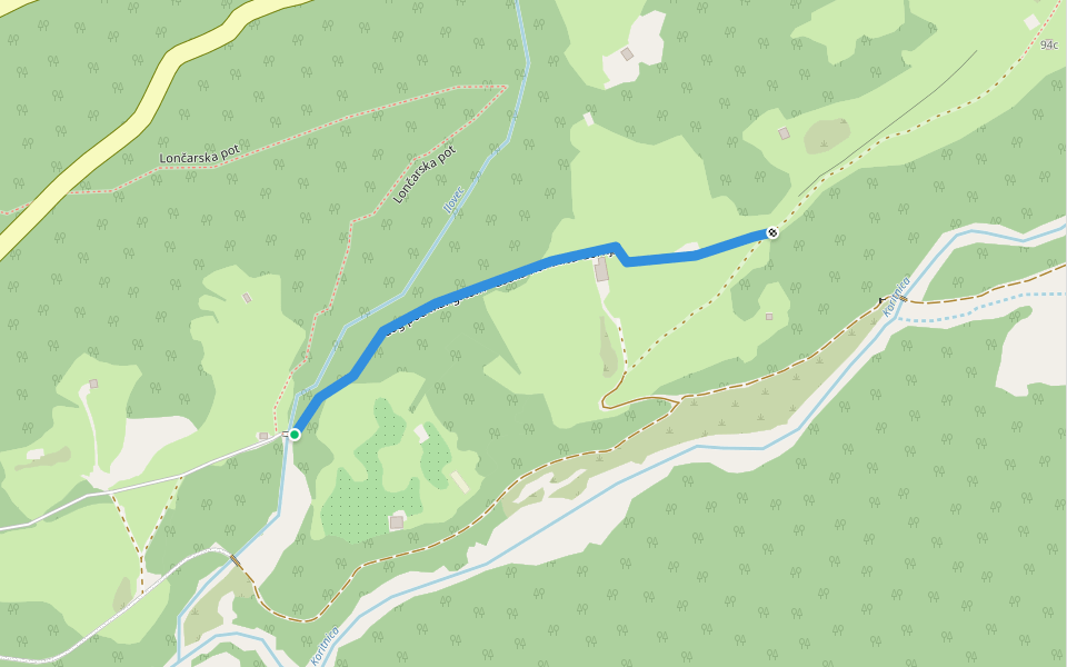 Log pod Mangrtom - Loška Koritnica Gornja walking route map in Log pod Mangartom