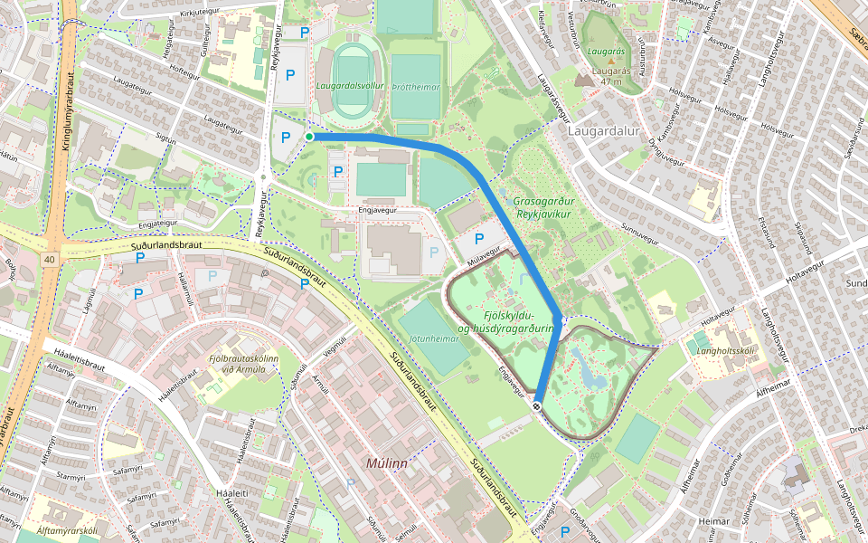 Þvottalaugavegur walking route map in Reykjavík
