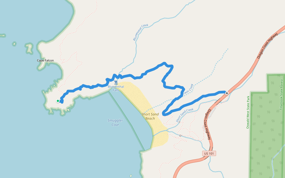 Cape Falcon Trail walking route map in Arch Cape