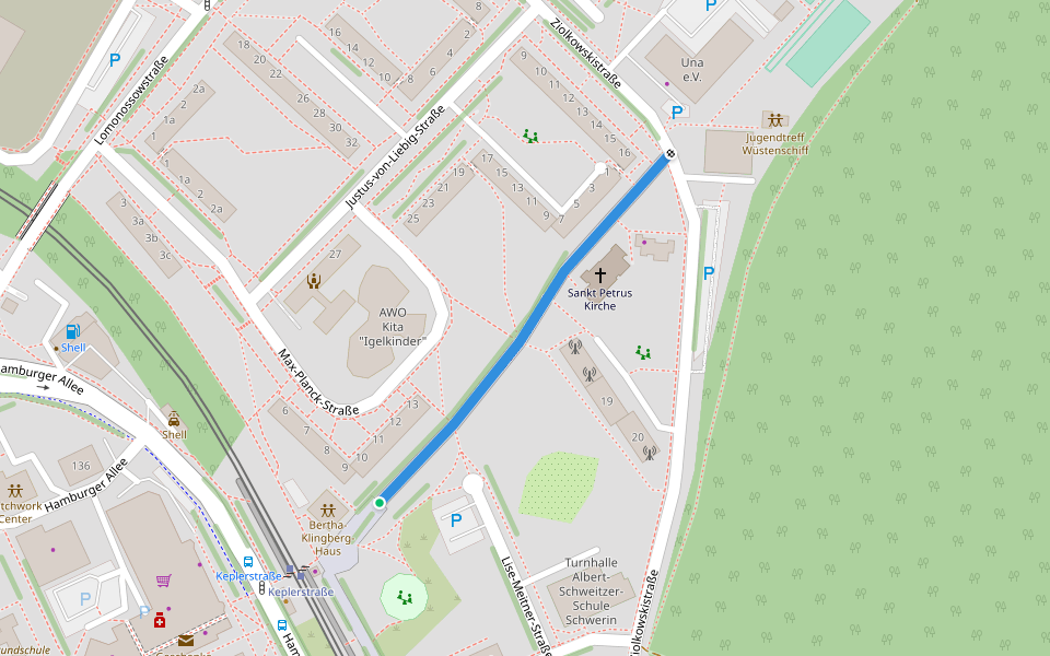 Ziolkowskistraße walking route map in Schwerin