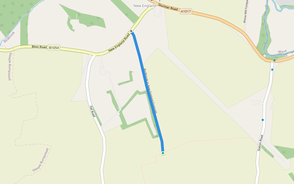 Birdbrook to New England Footpath walking route map in New England