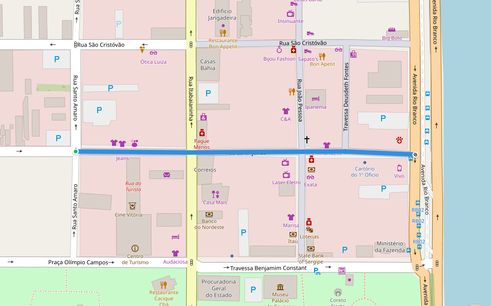 Rua Laranjeiras walking route map in Aracaju