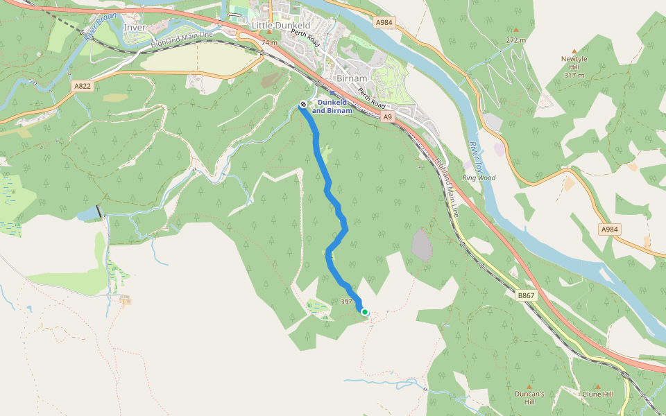 Birnam Hill Path walking route map in Murthly