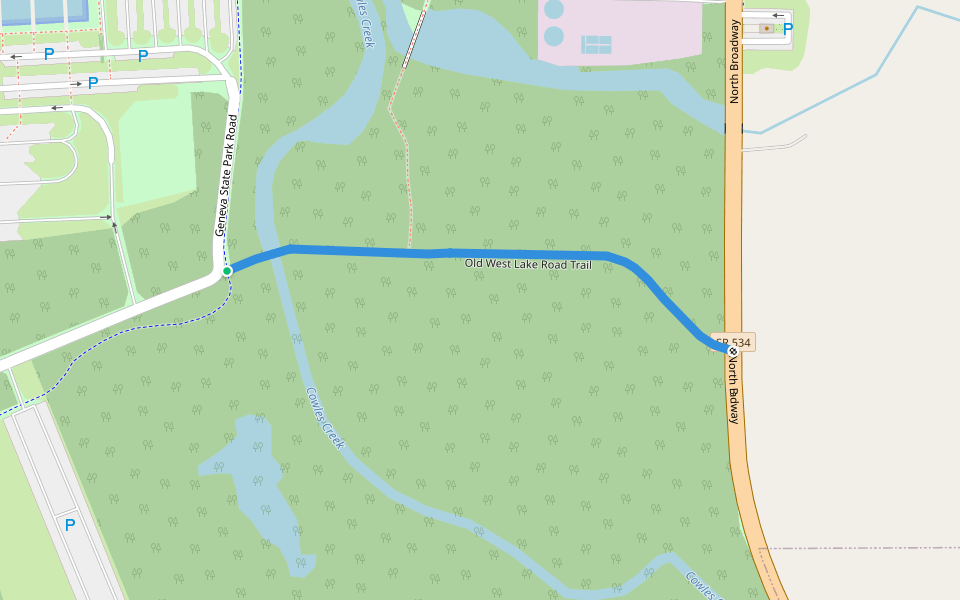 Old West Lake Road Trail walking route map in Geneva