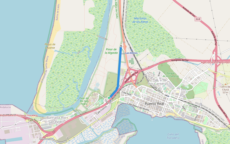 Antigua Vía de Ferrocarril Jerez-Trocadero walking route map in Puerto Real