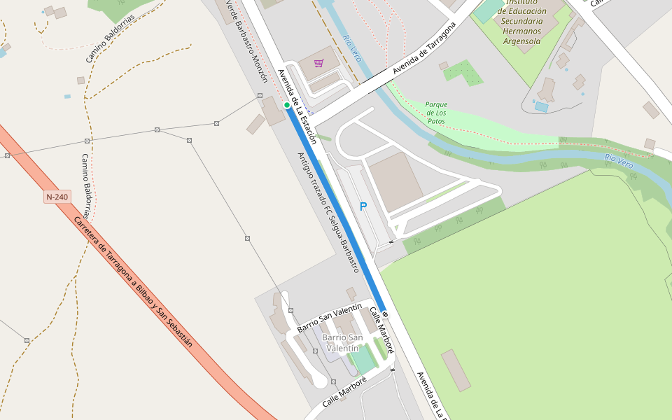 Antiguo trazado FC Selgua-Barbastro walking route map in Barbastro