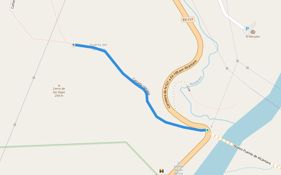 Calzada romana walking route map in Alcántara