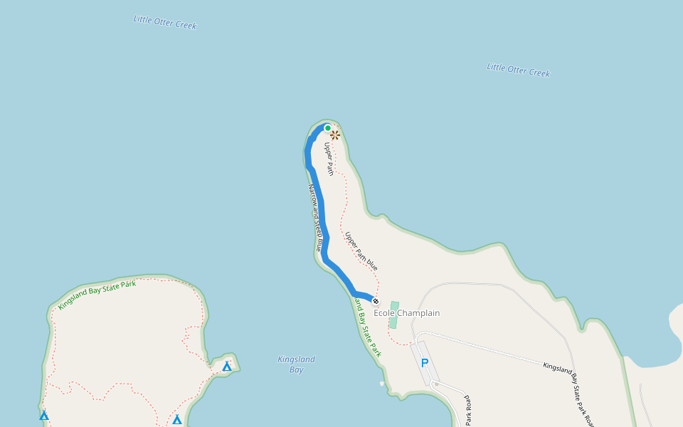 Narrow and Steep Blue walking route map in Ferrisburgh