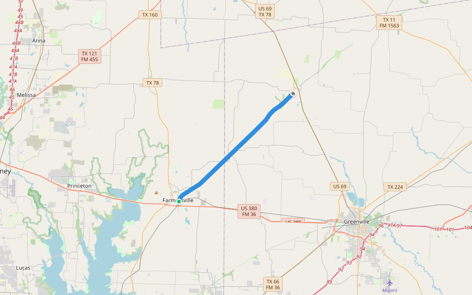 Northeast Texas Trail walking route map in Farmersville