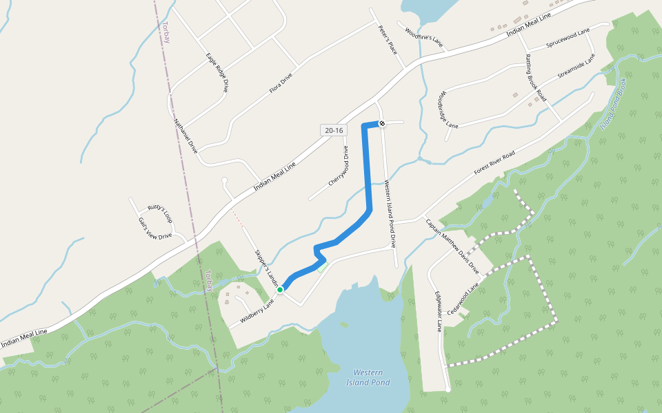 Western Island Pond Trail walking route map in Spaniard's Bay