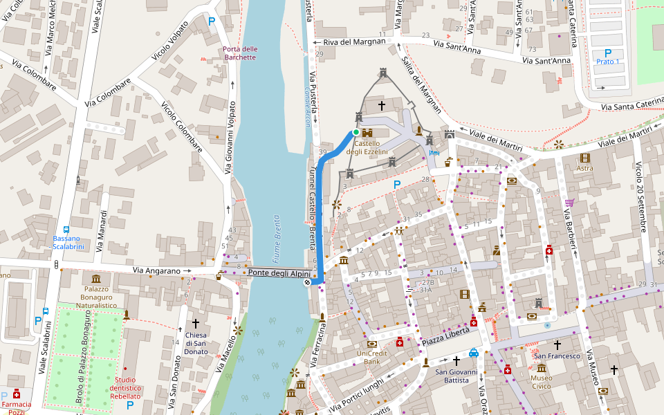 Tunnel Castello - Brenta walking route map in Bassano del Grappa