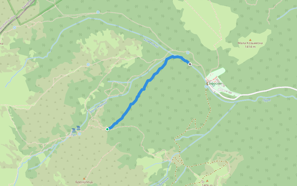 Стежка Водоспад - Кемпінг Заросляк walking route map in Vorokhta