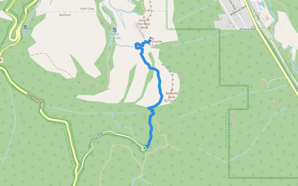 Sundial Car Park to Pinnacle walking route map in Bellfield
