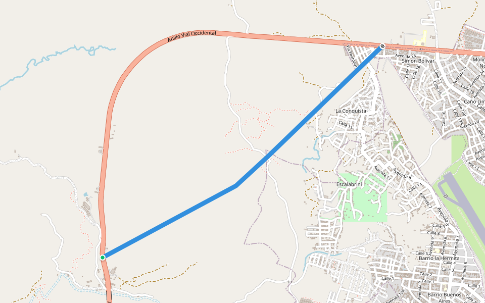 Path from East Anillovial Occidental to NE Anillovial Occidental walking route map in El Zulia