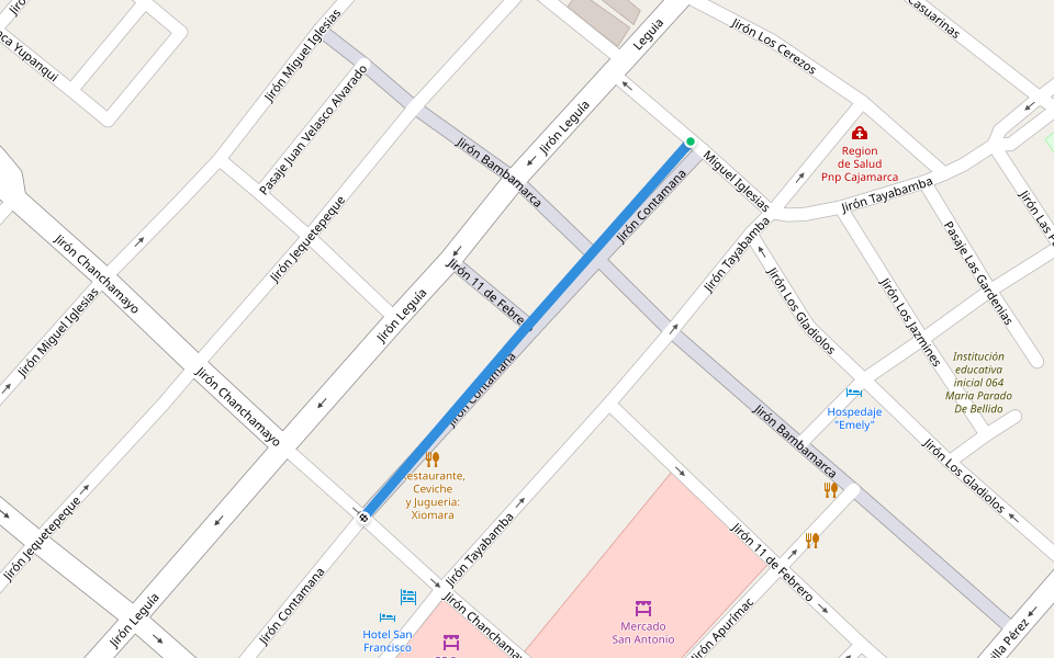 Jirón Contamana walking route map in Cajamarca