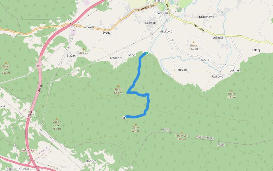 Put na Zarin walking route map in Brinje