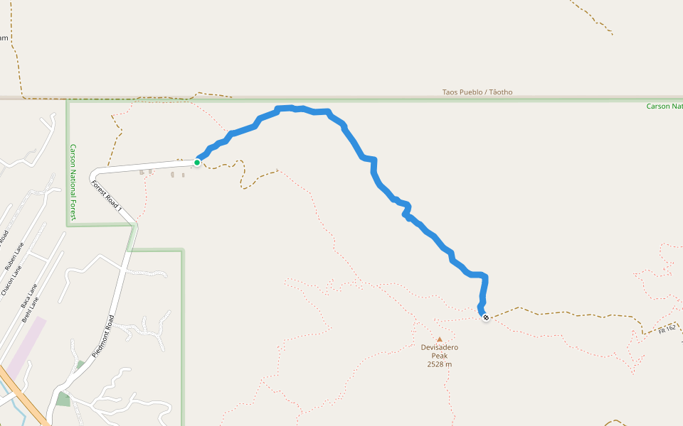 Hot Shots walking route map in Taos