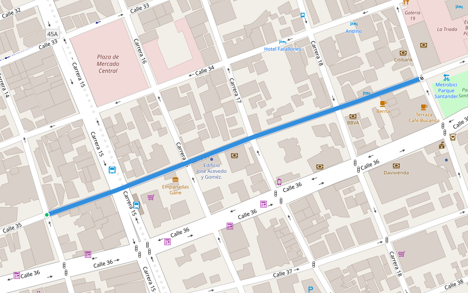 Calle 35 walking route map in Bucaramanga