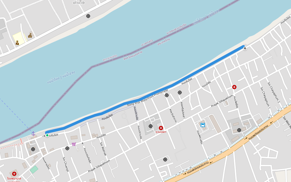 Nong Khai Waterfront Promenade walking route map in Tambon Nai Mueang