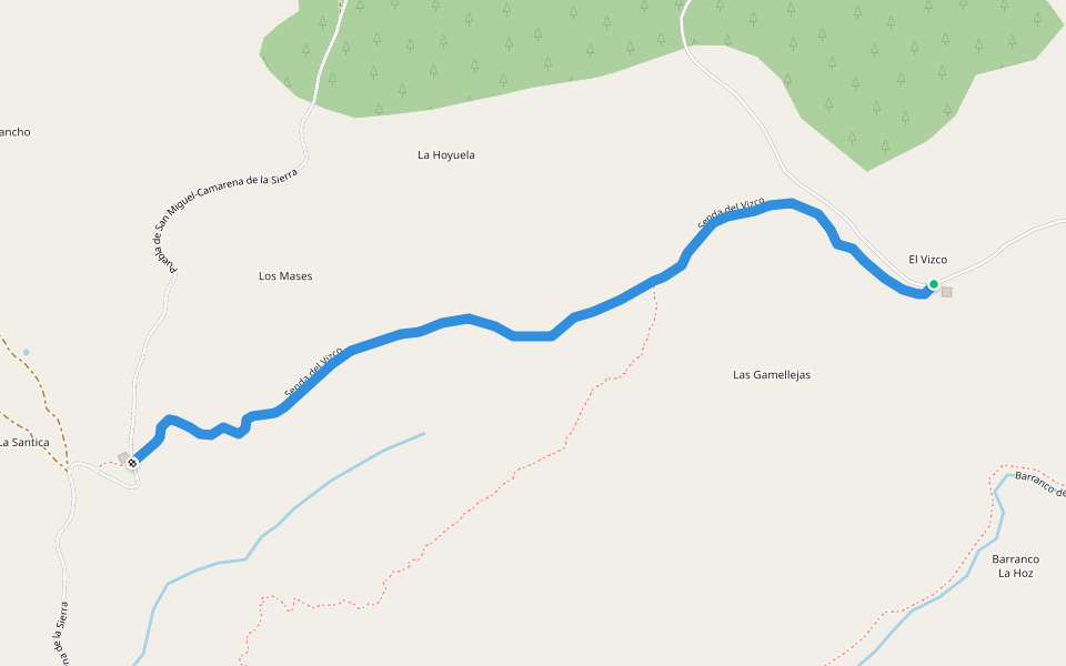 Senda del Vizco walking route map in Puebla de San Miguel