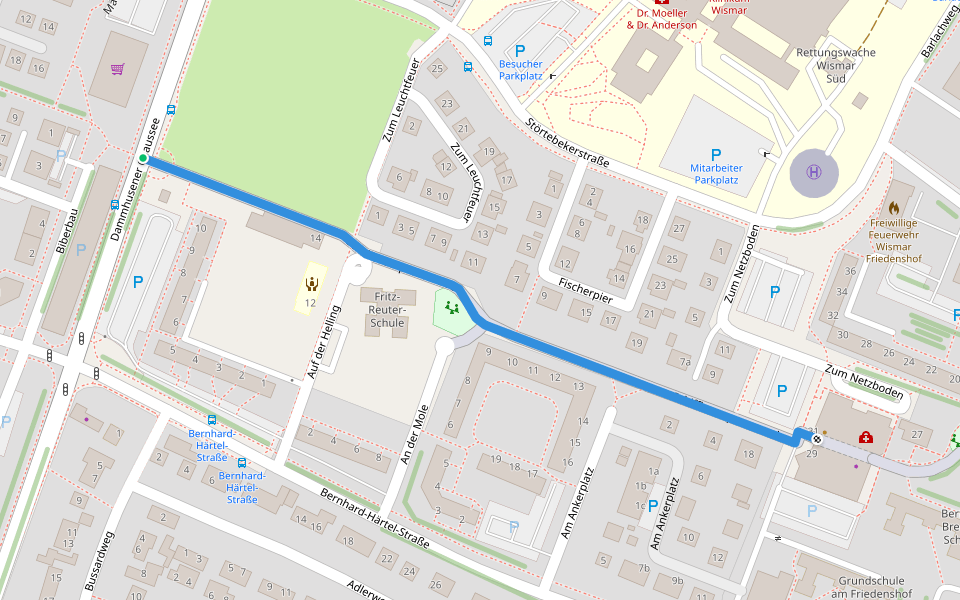 Schiffbauerpromenade walking route map in Wismar