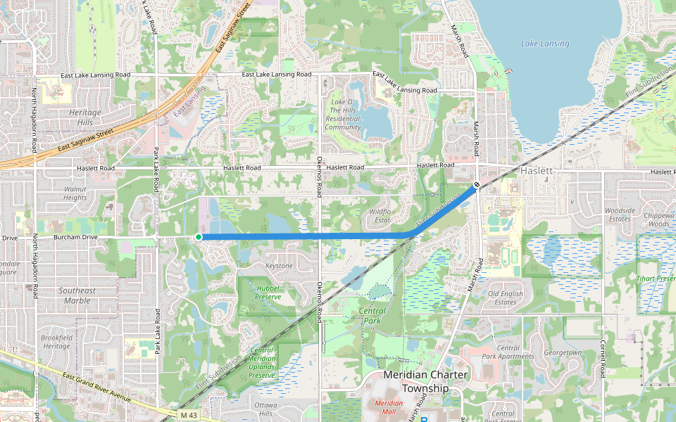 Interurban Pathway walking route map in East Lansing