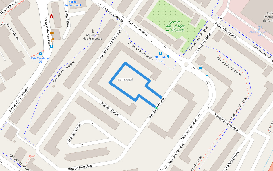 Praça das Minas walking route map in Buraca