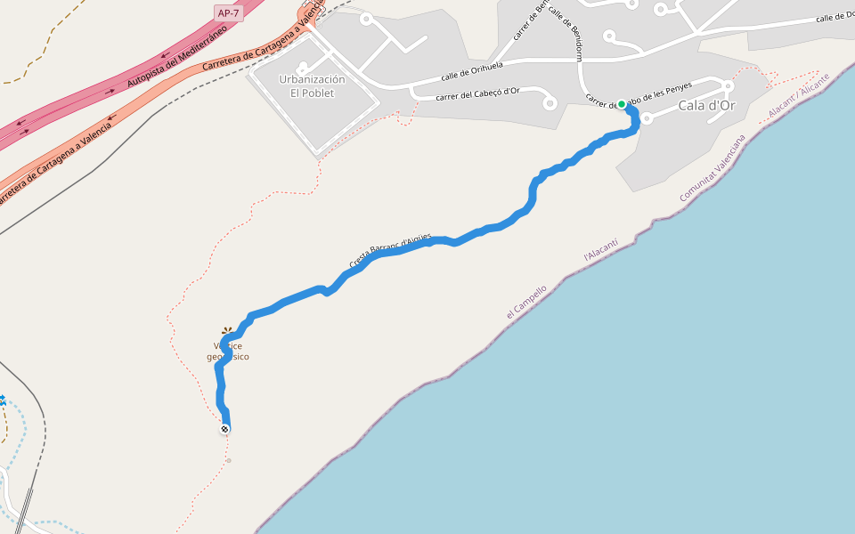 Cresta Barranc d'Aigües walking route map in El Campello