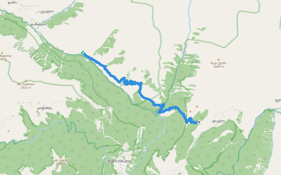 Diklo-Chigho Red marked trail/დიკლლო-ჩიღო წითელი ბილიკი walking route map in Dartlo