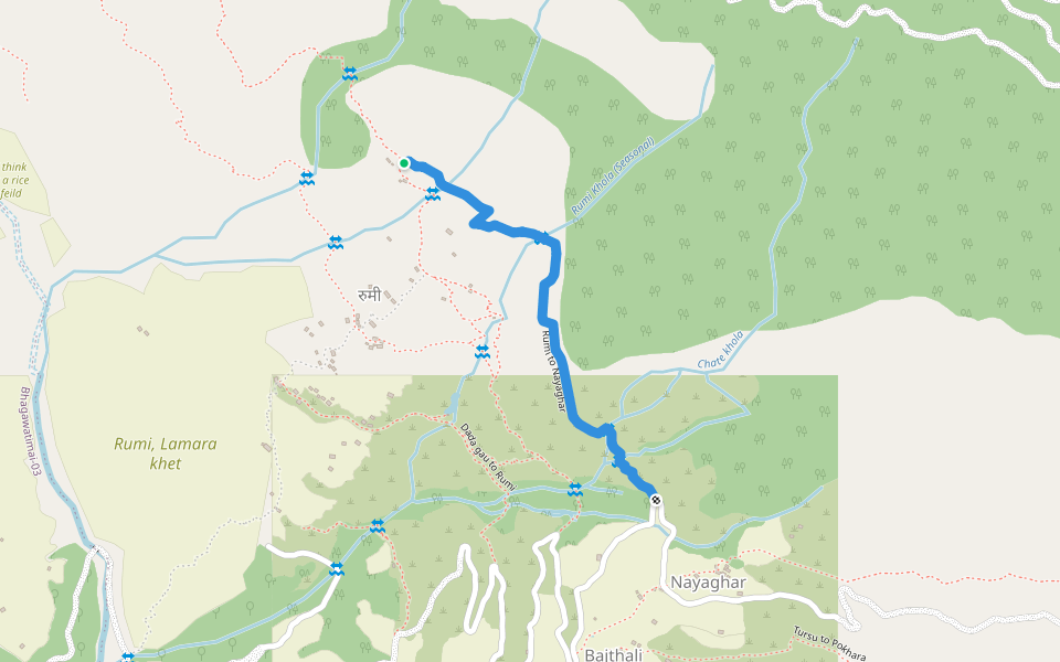 Rumi to Nayaghar walking route map in Majhakot