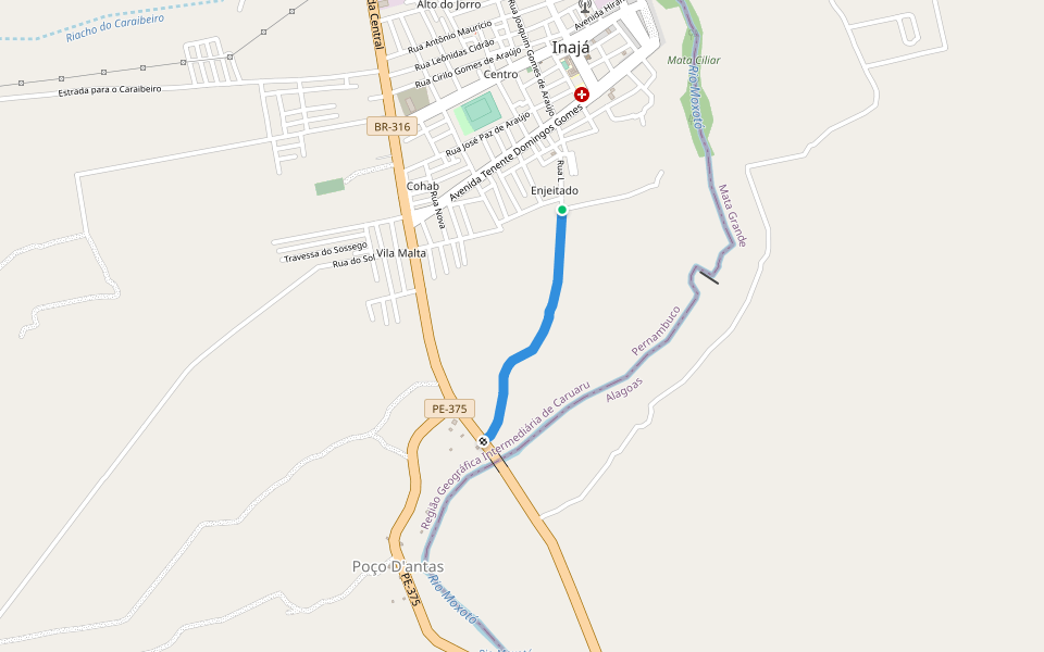 Estrada para a Ponte da Divisa Pernambuco/Alagoas walking route map in Inajá